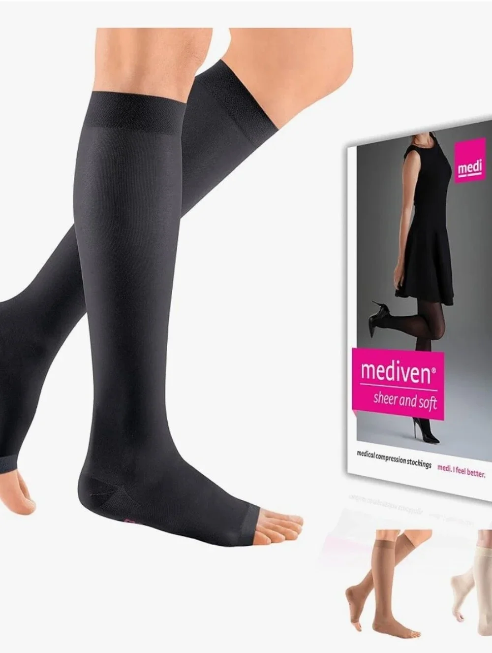 Mediven Sheer and Soft Compression Stockings - Calf High, Open Toe Ebony NIB